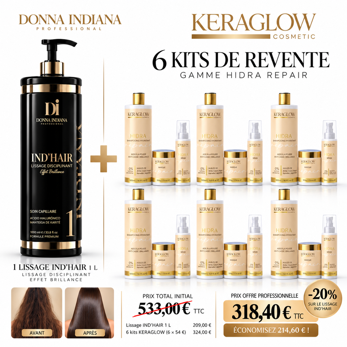 Lot Professionnel — 1 Lissage IND'HAIR Donna Indiana 1L + 6 Kits Entretien Keraglow Hidra Repair | Offre Coiffeuse Revente