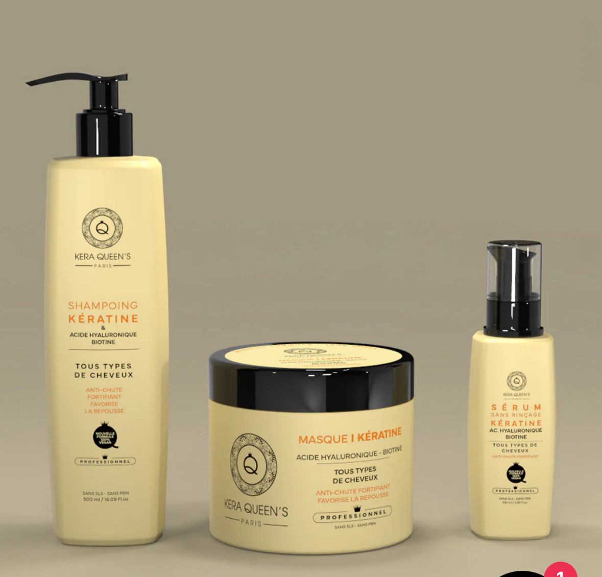 Kit entretein cheveux Trio Biotine Kera Queen’s | Shampooing sans sulfate Masque Sérum Fortifiant
