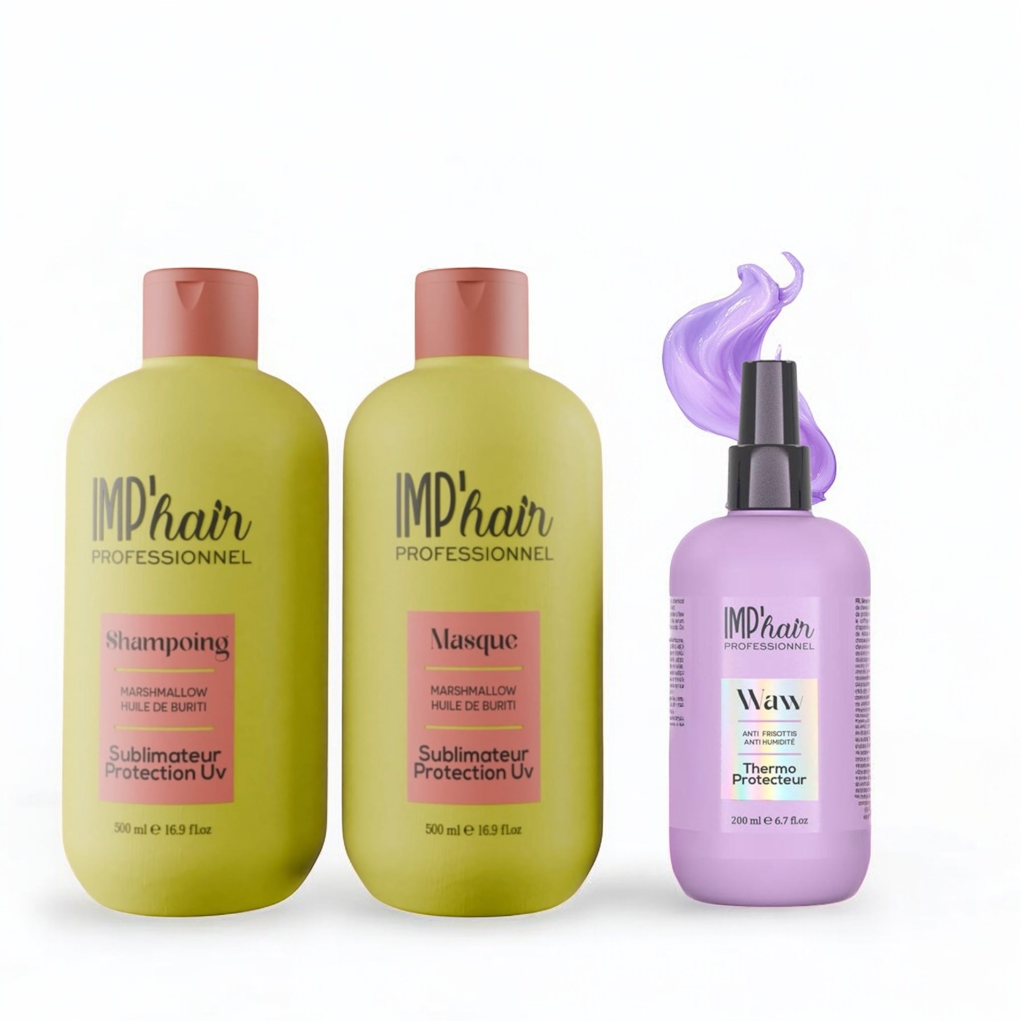Trio Soin Complet Cheveux – Shampoing, Masque & Thermo-Protecteur | IMP’HAIR Professionnel – Marshmallow & Buriti