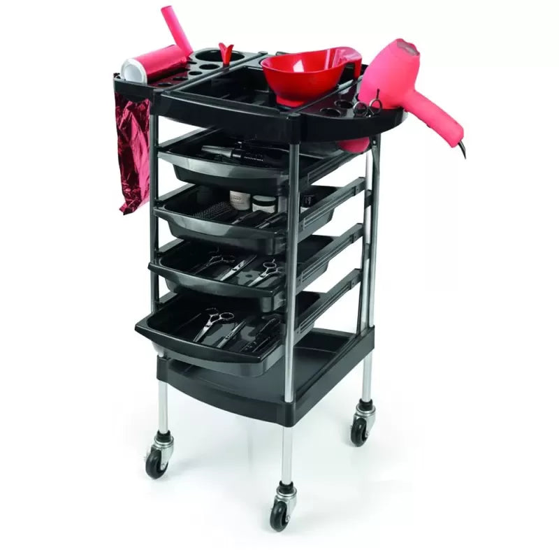 Table de Coiffure Noire – Chariot Professionnel avec 4 Tiroirs & Supports Intégrés